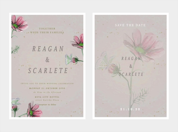 plantilla de tarjeta de invitación de boda con corona de ramo de rosas blancas dejar pintura de acuarela psd