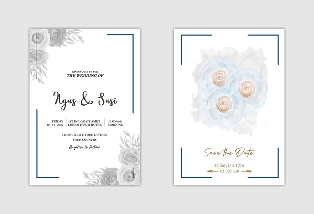 Plantilla de tarjeta de invitación de boda con corona de ramo de rosas blancas dejar pintura de acuarela psd