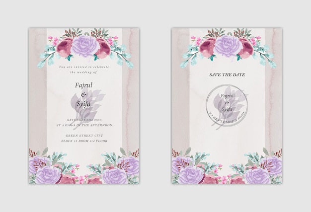 Plantilla de tarjeta de invitación de boda con corona de ramo de rosas blancas dejar pintura de acuarela psd