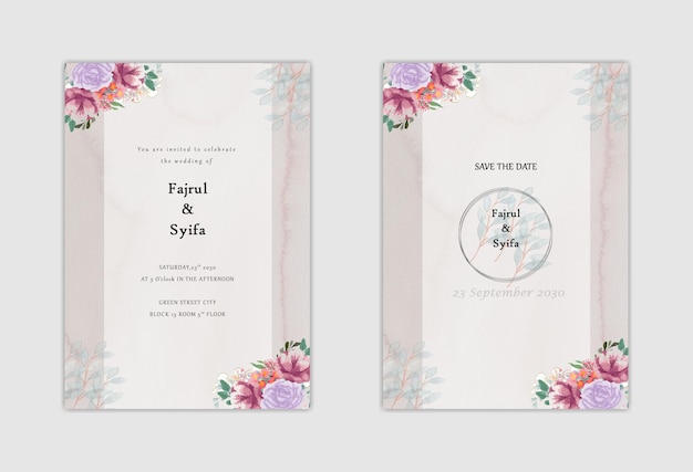 plantilla de tarjeta de invitación de boda con corona de ramo de rosas blancas dejar pintura de acuarela psd