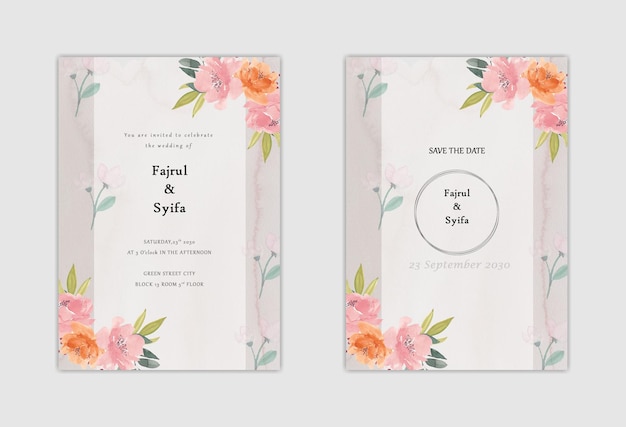 plantilla de tarjeta de invitación de boda con corona de ramo de rosas blancas dejar pintura de acuarela psd
