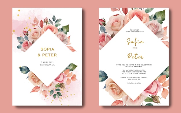 PSD plantilla de tarjeta de invitación de boda con decoración floral de acuarela y pincel dorado