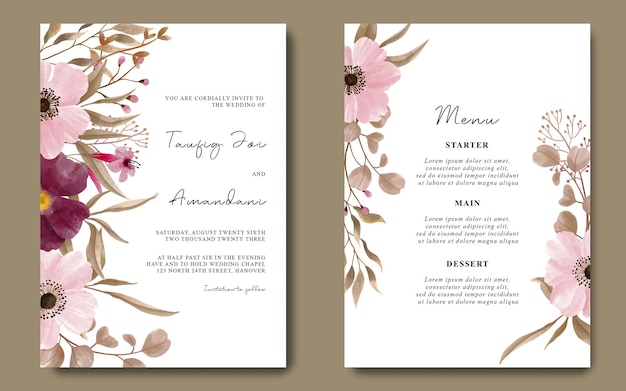 Plantilla de tarjeta de invitación de boda con decoración de flores de acuarela