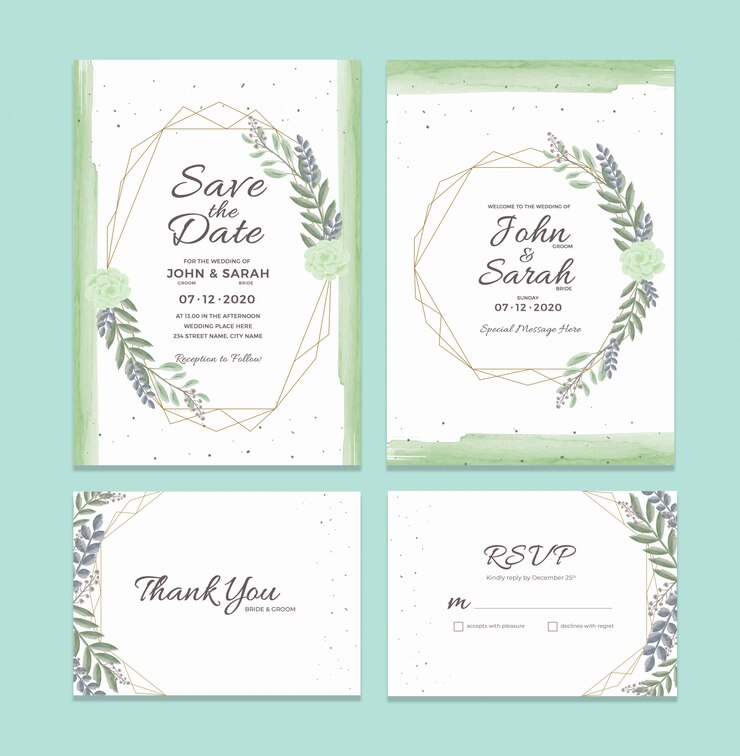 PSD plantilla de tarjeta de invitación de boda con decoraciones de marco floral acuarela