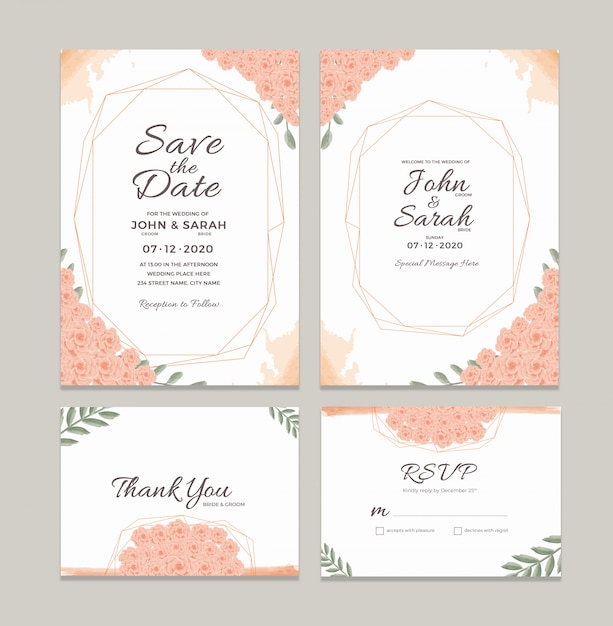 Plantilla de tarjeta de invitación de boda con decoraciones de marco floral acuarela