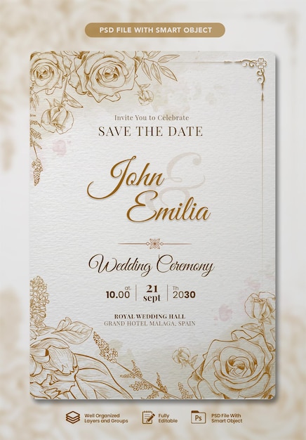 plantilla de tarjeta de invitación de boda diseño plano