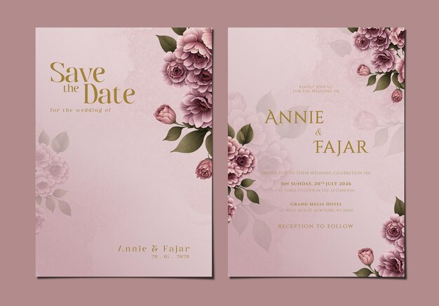 PSD plantilla de tarjeta de invitación de boda de doble cara con flores de ramo