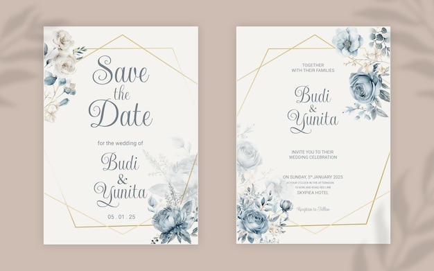 Plantilla de tarjeta de invitación de boda de doble cara psd con elegantes rosas azules polvorientas en acuarela