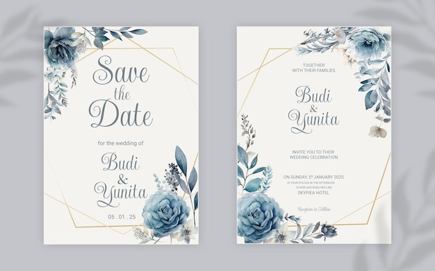 PSD plantilla de tarjeta de invitación de boda de doble cara psd con elegantes rosas azules polvorientas en acuarela