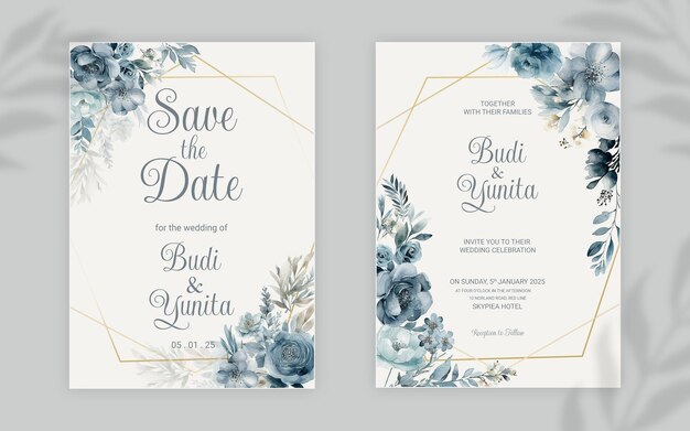 PSD plantilla de tarjeta de invitación de boda de doble cara psd con elegantes rosas azules polvorientas en acuarela