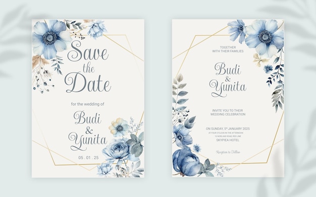 PSD plantilla de tarjeta de invitación de boda de doble cara psd con elegantes rosas azules polvorientas en acuarela