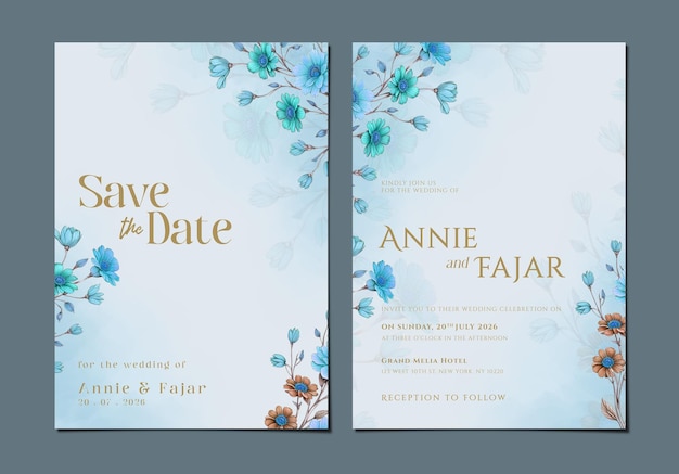 Plantilla de tarjeta de invitación de boda de dos caras con flor azul