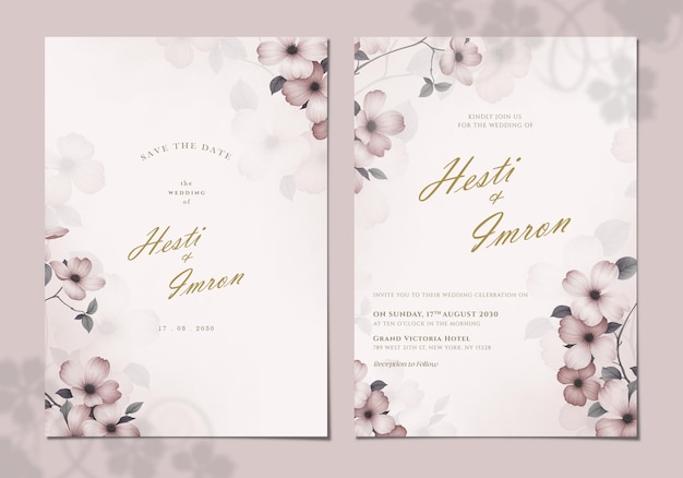 plantilla de tarjeta de invitación de boda de dos caras con flor