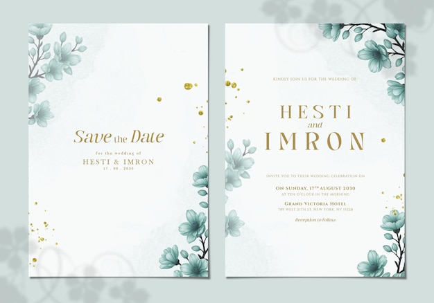 plantilla de tarjeta de invitación de boda de dos caras con flor