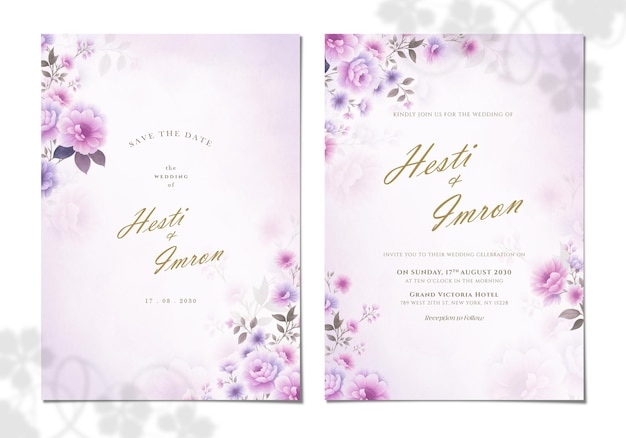 plantilla de tarjeta de invitación de boda de dos caras con flor