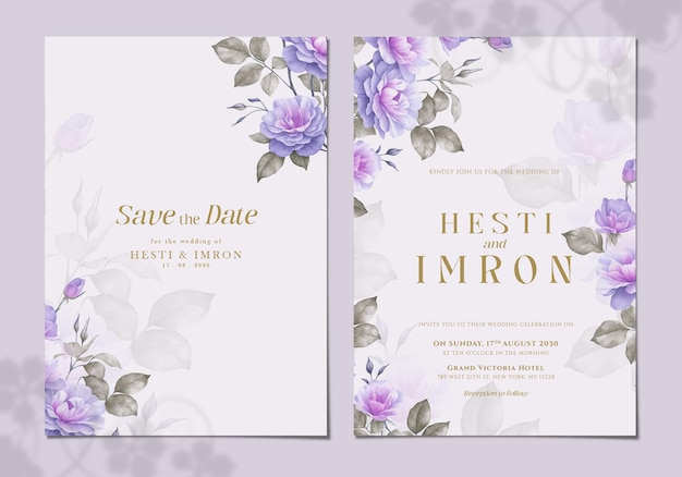 plantilla de tarjeta de invitación de boda de dos caras con flor