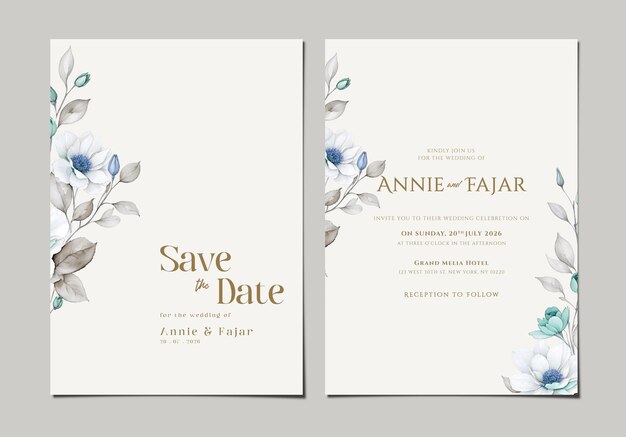 PSD plantilla de tarjeta de invitación de boda de dos caras con flor