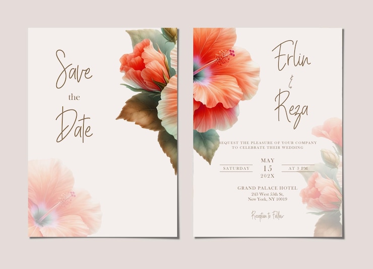 PSD plantilla de tarjeta de invitación de boda de dos caras con fondo de flor
