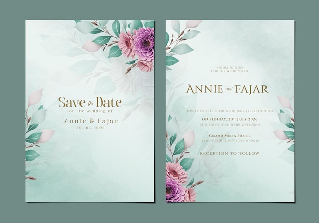 plantilla de tarjeta de invitación de boda de dos caras con ramo de flores
