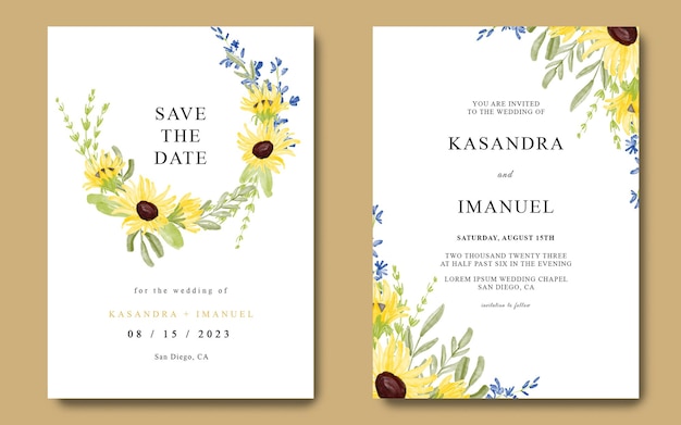 Plantilla de tarjeta de invitación de boda floral acuarela hermoso girasol amarillo