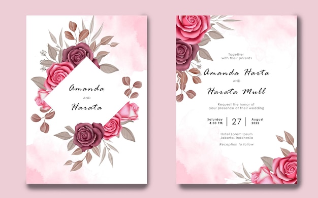 Plantilla de tarjeta de invitación de boda floral acuarela