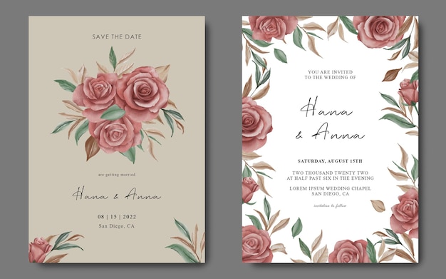 Plantilla de tarjeta de invitación de boda con flores de acuarela