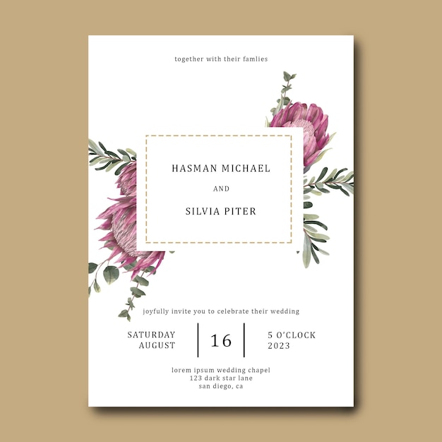 Plantilla de tarjeta de invitación de boda con flores de protea acuarela y hojas de eucalipto