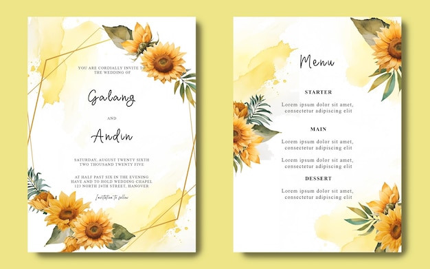 Plantilla de tarjeta de invitación de boda con girasoles acuarelas