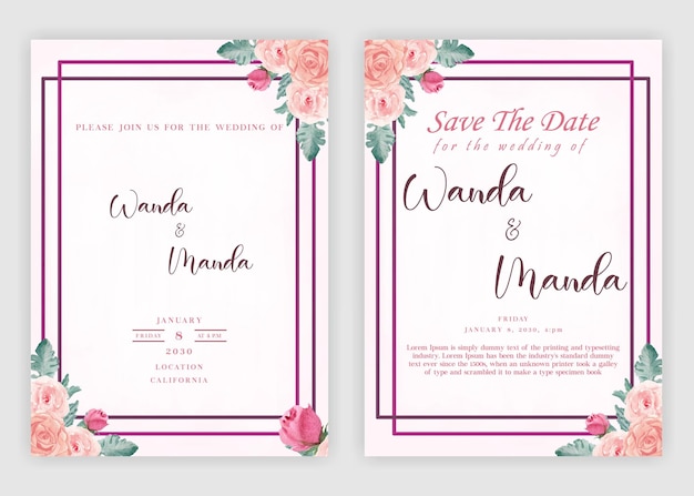 Plantilla de tarjeta de invitación de boda con hermosa corona floral