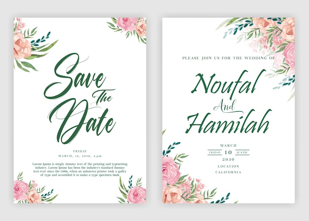 Plantilla de tarjeta de invitación de boda con hermosa corona floral