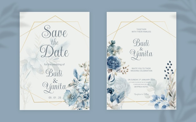 PSD plantilla de tarjeta de invitación de boda con hermosas flores y adornos de hojas