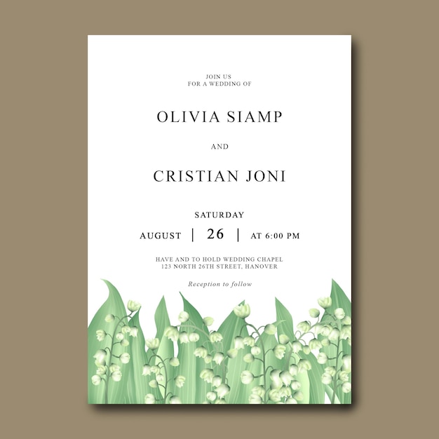 Plantilla de tarjeta de invitación de boda con lirio de los valles