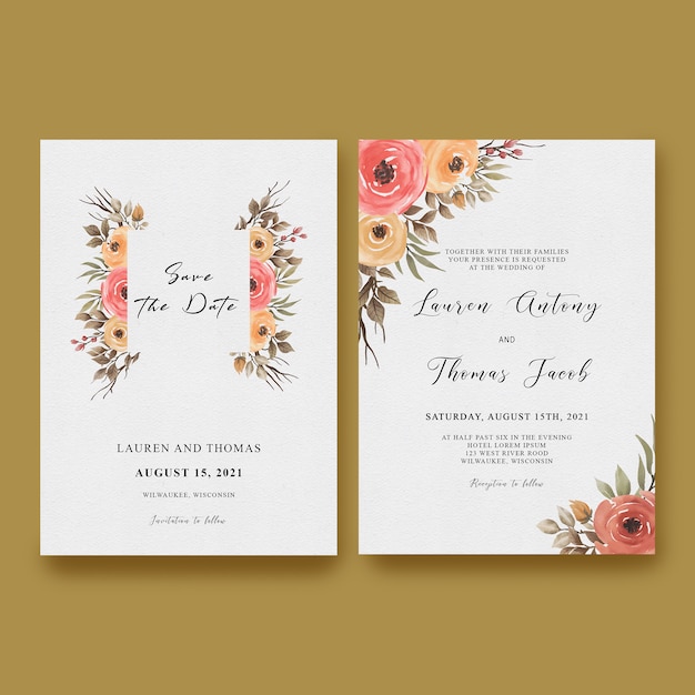 Plantilla de tarjeta de invitación de boda con un marco de rosas y hojas de acuarela