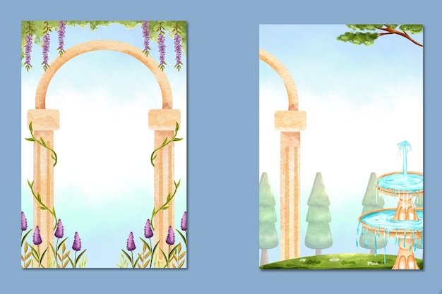 plantilla de tarjeta de invitación de boda con pilar de jardín de acuarela e ilustración de fuente