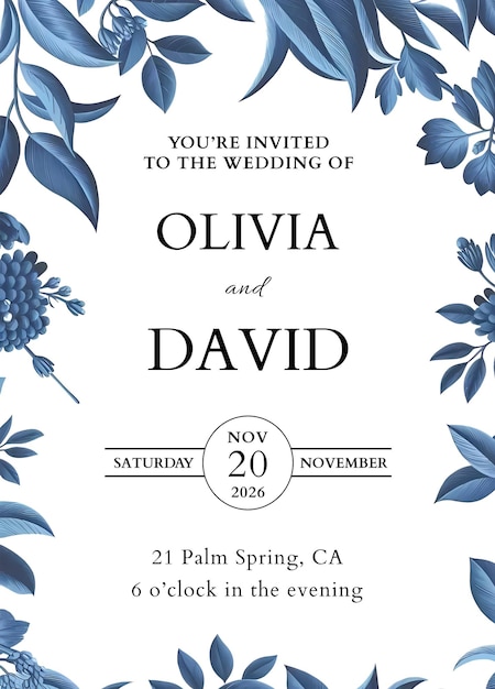 plantilla de tarjeta de invitación de boda psd con azul elegante floral