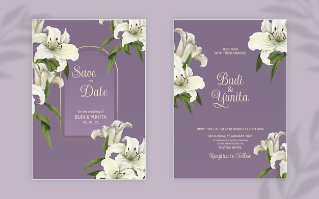 Plantilla de tarjeta de invitación de boda PSD con hermoso adorno de flores y hojas