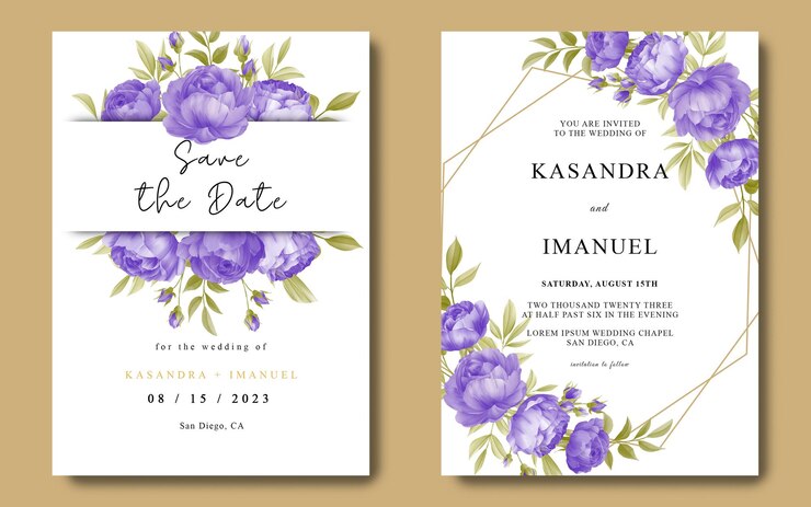 PSD plantilla de tarjeta de invitación de boda con ramo de flores púrpura acuarela