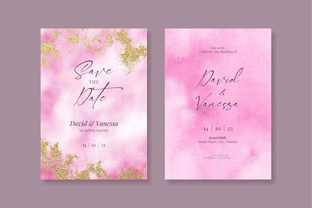 PSD plantilla de tarjeta de invitación de boda rosa y dorada