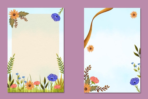 plantilla de tarjeta de invitación de boda con variados y coloridos marcos de arreglos florales de acuarela