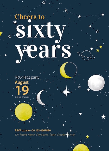 plantilla de tarjeta de invitación de cumpleaños 60 texto editable psd