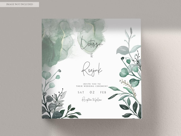 plantilla de tarjeta de invitación de hojas de acuarela verde elegante