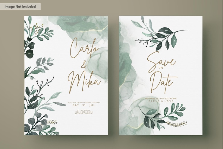 PSD plantilla de tarjeta de invitación de hojas de acuarela verde elegante