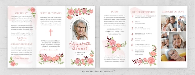 Plantilla de tarjeta tríptico de orden de servicio funerario en PSD Rosy Rose Theme