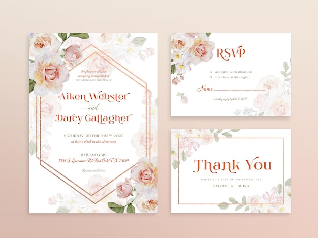 Plantilla de tarjetas de invitación de boda conjunto de elegantes flores de acuarela de rosas de primavera