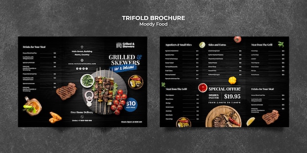 PSD plantilla triple de folleto de restaurante de carne a la parrilla y verduras