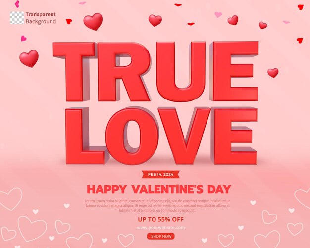 Plantilla de venta del día de San Valentín con texto de amor verdadero en 3D con corazones rojos