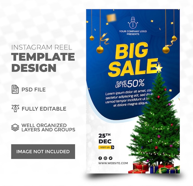 Plantilla de venta especial de vacaciones de psd para el banner de instagram reel de feliz navidad