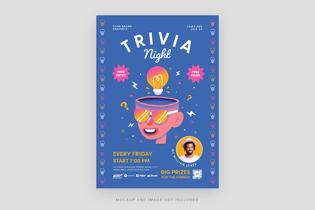 Plantilla de volante de acertijos nocturnos de trivia en psd