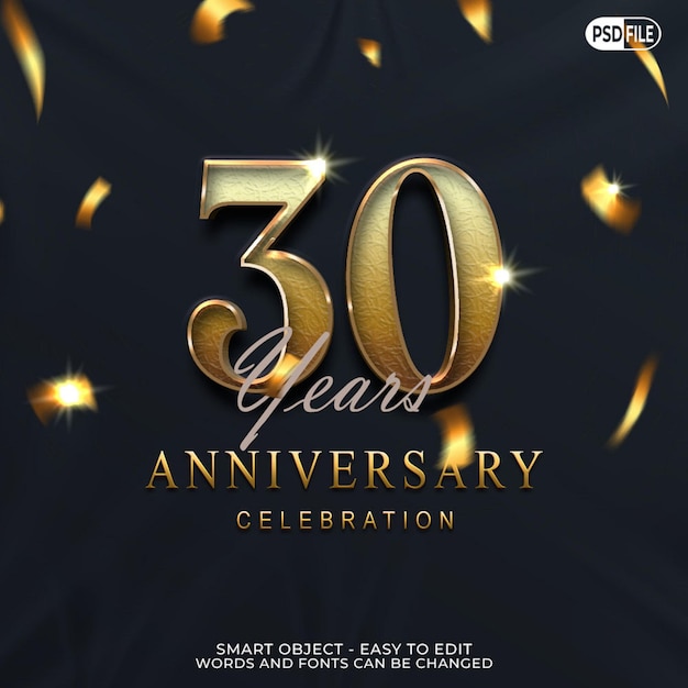 Plantilla de volante de aniversario de 30 años con efecto de estilo 3d editable de texto numérico personalizado