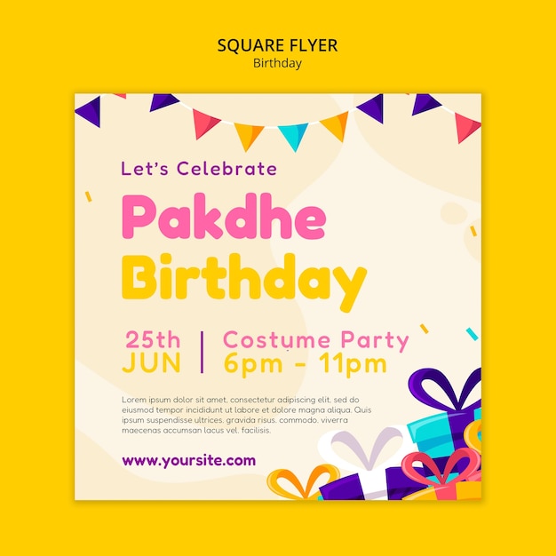 Plantilla de volante cuadrado de fiesta de cumpleaños de diseño plano